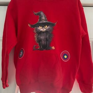 Gildan Red Kids Hoodie with Witch Cat Design